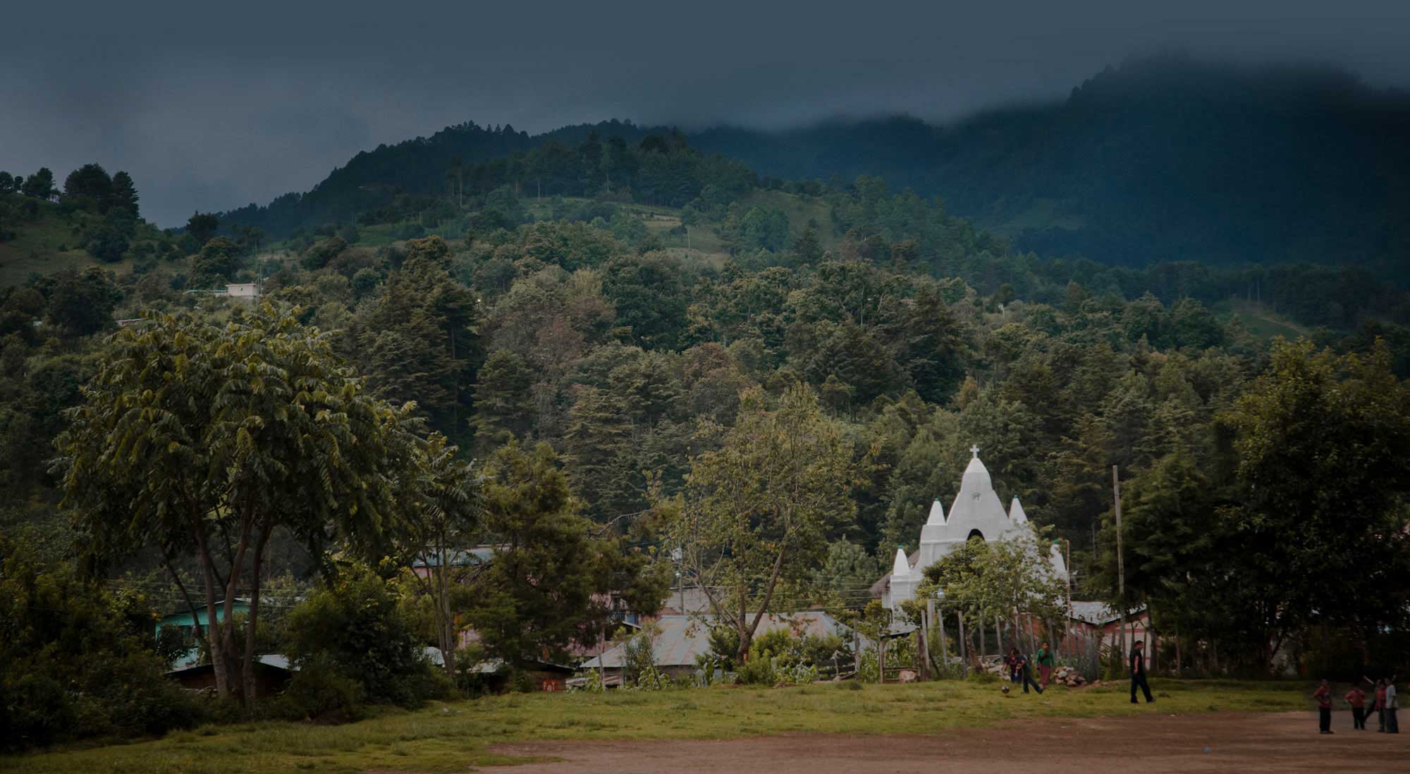 A church building at dusk